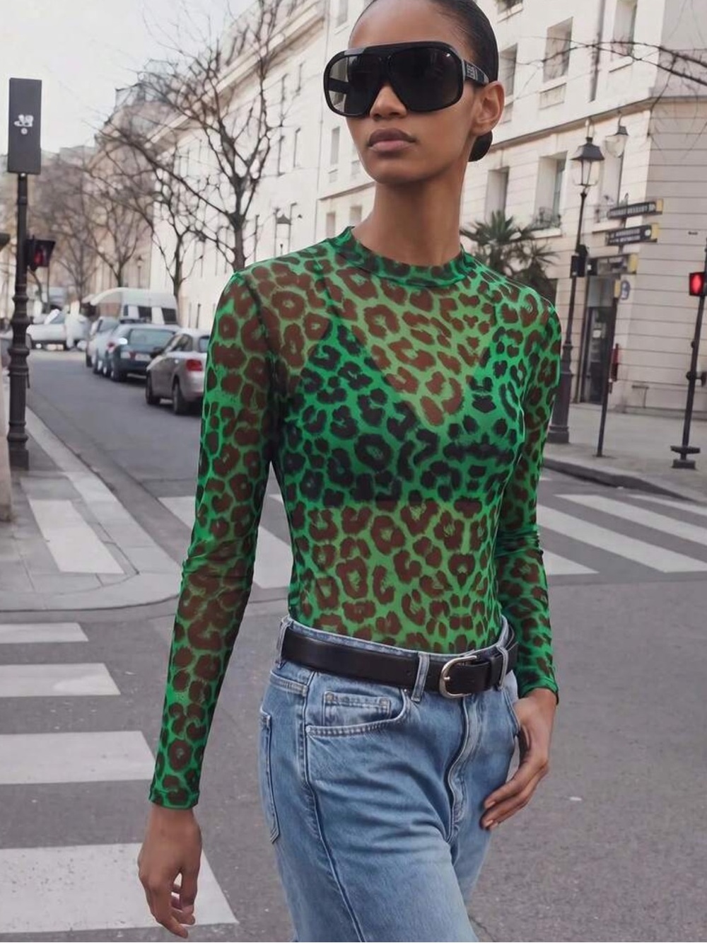 Maija Women's Green Leopard Print Mesh Top,Autumn Y2k Night Out Party Outfits,Bo